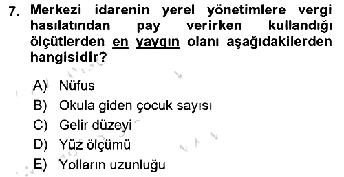 Mahalli İdareler Maliyesi 2023-2024 Yaz Okulu Sınavı - 7. soru