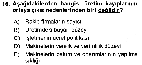 Maliyet Muhasebesi 2017-2018 3 Ders Sınavı - 16. soru