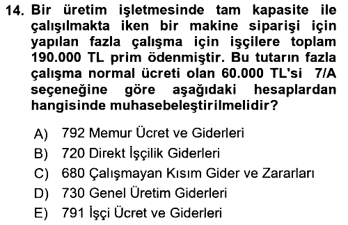 Maliyet Muhasebesi 2019-2020 Ara Sınav - 14. soru