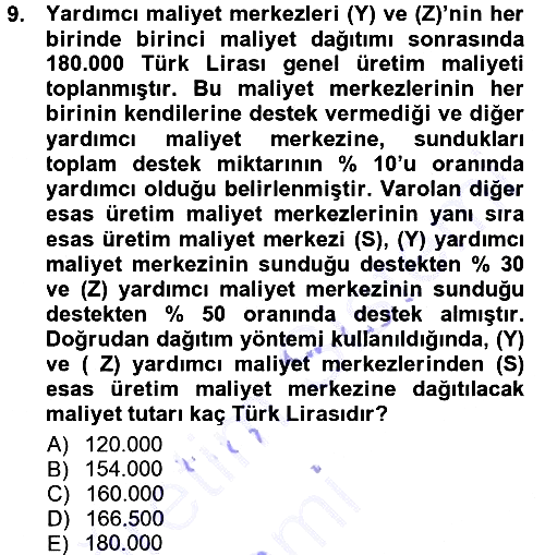 Maliyet Muhasebesi 2012-2013 Dönem Sonu Sınavı - 9. soru