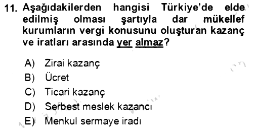 Özel Vergi Hukuku 1 2019-2020 Dönem Sonu Sınavı - 11. soru