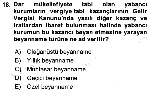 Özel Vergi Hukuku 1 2021-2022 Dönem Sonu Sınavı - 18. soru