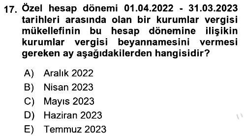 Özel Vergi Hukuku 1 2023-2024 Dönem Sonu Sınavı - 17. soru