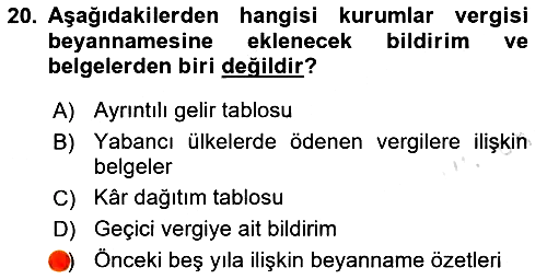 Özel Vergi Hukuku 1 2024-2025 Dönem Sonu Sınavı - 20. soru