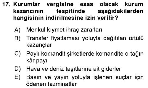 Özel Vergi Hukuku 1 2020-2021 Yaz Okulu Sınavı - 17. soru