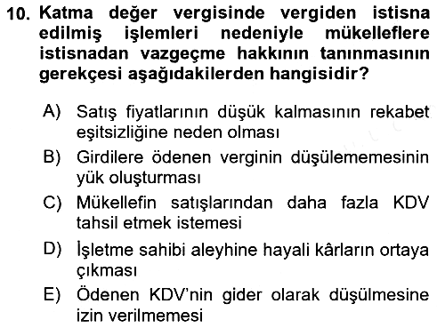 Özel Vergi Hukuku 2 2018-2019 Ara Sınav - 10. soru