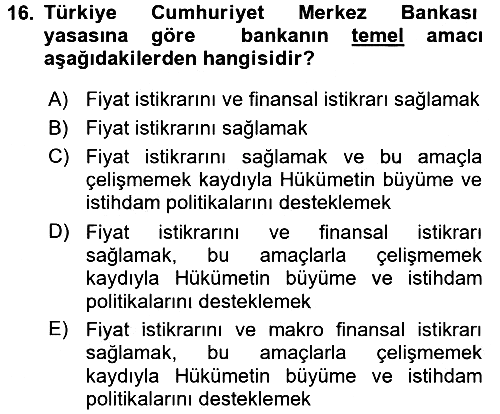 Para ve Banka 2017-2018 Dönem Sonu Sınavı - 16. soru