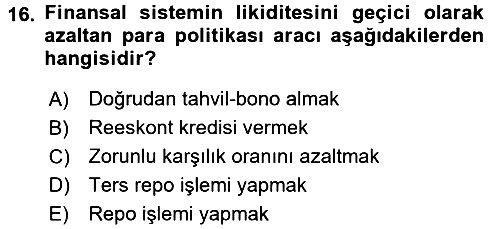 Para ve Banka 2015-2016 Tek Ders Sınavı - 16. soru
