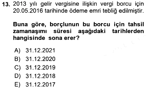 Vergi İcra Hukuku 2017-2018 Dönem Sonu Sınavı - 13. soru