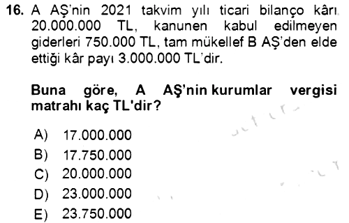 Vergi Planlaması 2021-2022 Ara Sınav - 16. soru