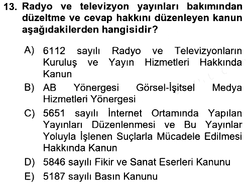 Medya Hukuku 2017-2018 3 Ders Sınavı - 13. soru