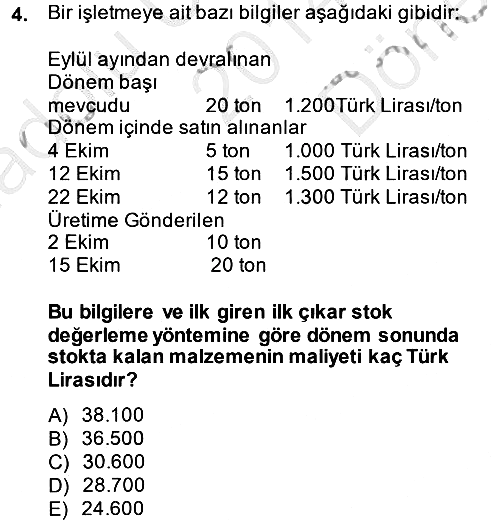 Maliyet Analizleri 2014-2015 Dönem Sonu Sınavı - 4. soru