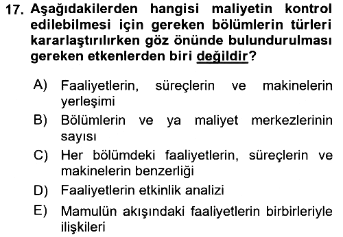 Maliyet Analizleri 2015-2016 Tek Ders Sınavı - 17. soru