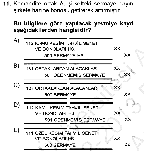 Şirketler Muhasebesi 2012-2013 Ara Sınav - 11. soru