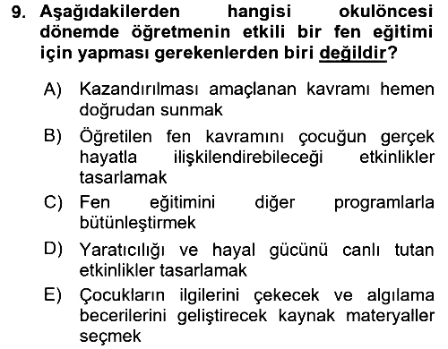 Okulöncesinde Fen Eğitimi 2015-2016 Tek Ders Sınavı - 9. soru