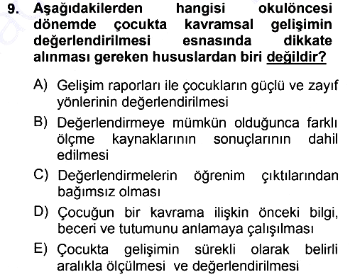 Okulöncesinde Matematik Eğitimi 2012-2013 Dönem Sonu Sınavı - 9. soru