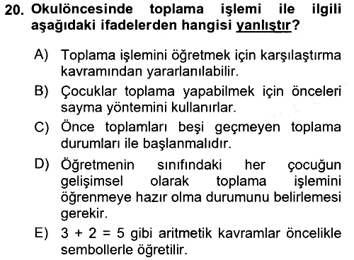 Okulöncesinde Matematik Eğitimi 2016-2017 Dönem Sonu Sınavı - 20. soru