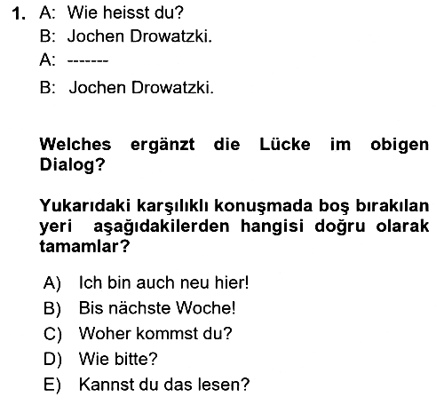 Almanca - 1 2023-2024 Yaz Okulu Sınavı - 1. soru