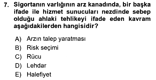 Sağlık Sigortacılığı 2019-2020 Dönem Sonu Sınavı - 7. soru