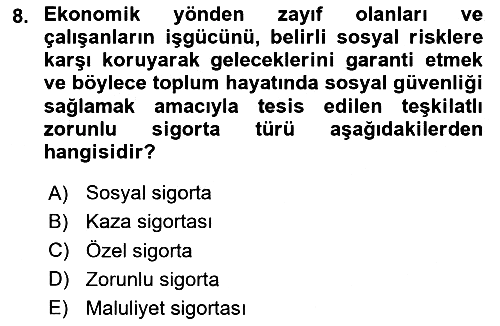 Sağlık Sigortacılığı 2024-2025 Yaz Okulu Sınavı - 8. soru