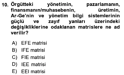 Stratejik Yönetim 2 2023-2024 Dönem Sonu Sınavı - 10. soru
