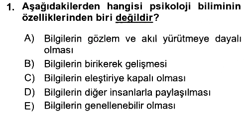 Psikoloji 2016-2017 Dönem Sonu Sınavı - 1. soru