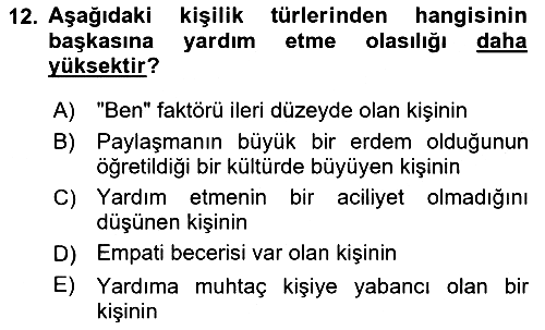 Psikoloji 2020-2021 Yaz Okulu Sınavı - 12. soru