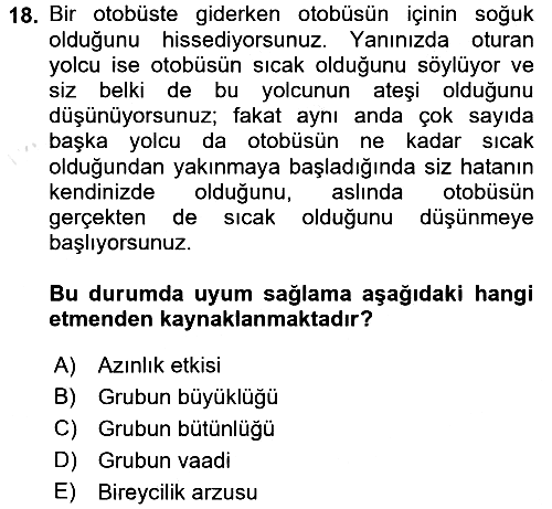 Sosyal Psikoloji 1 2017-2018 Ara Sınav - 18. soru