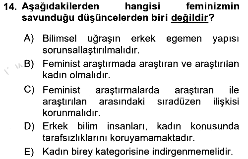 Toplumsal Cinsiyet Sosyolojisi 2016-2017 Ara Sınav - 14. soru