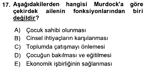Aile Sosyolojisi 2018-2019 3 Ders Sınavı - 17. soru