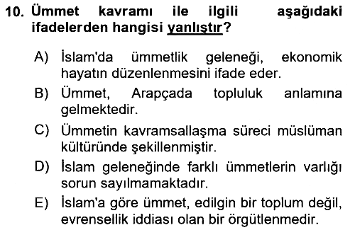 Din ve Toplum 2015-2016 Dönem Sonu Sınavı - 10. soru