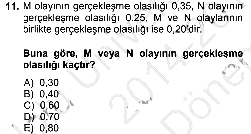 İstatistik 2014-2015 Dönem Sonu Sınavı - 11. soru