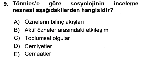Klasik Sosyoloji Tarihi 2015-2016 Dönem Sonu Sınavı - 9. soru