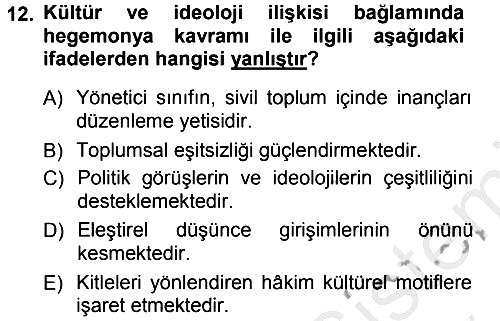 Kültür Sosyolojisi 2012-2013 Ara Sınav - 12. soru