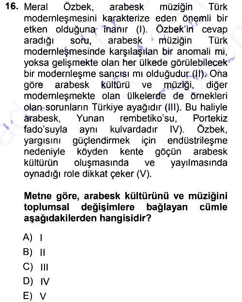 Kültür Sosyolojisi 2012-2013 Dönem Sonu Sınavı - 16. soru