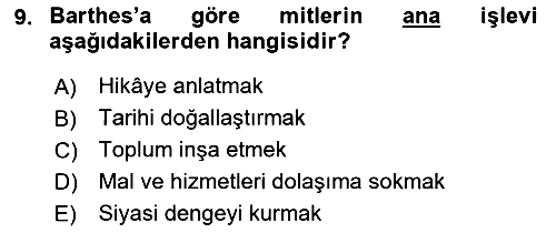 Kültür Sosyolojisi 2018-2019 Dönem Sonu Sınavı - 9. soru