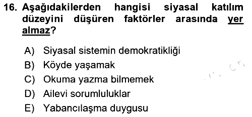 Siyaset Bilimi 2024-2025 Ara Sınav - 16. soru
