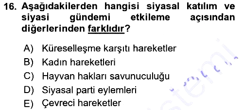 Siyaset Bilimi 2015-2016 Dönem Sonu Sınavı - 16. soru