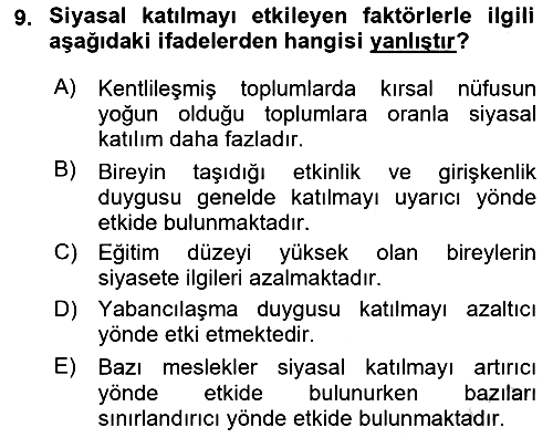 Siyaset Bilimi 2020-2021 Yaz Okulu Sınavı - 9. soru