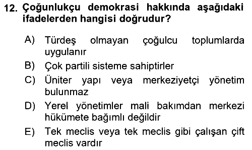 Siyaset Bilimi 2022-2023 Yaz Okulu Sınavı - 12. soru