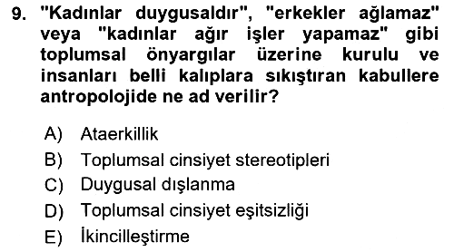 Sosyal Antropoloji 2021-2022 Dönem Sonu Sınavı - 9. soru