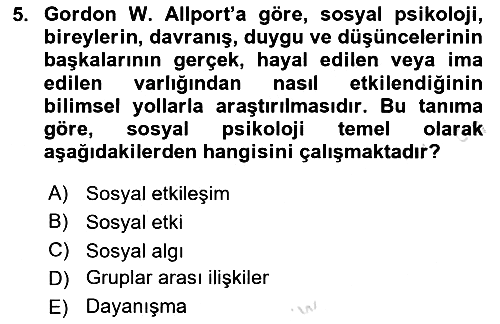 Sosyal Psikoloji 1 2024-2025 Ara Sınav - 5. soru