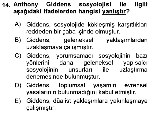 Sosyolojide Yakın Dönem Gelişmeler 2018-2019 Ara Sınav - 14. soru