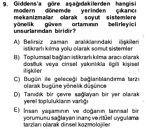 Sosyolojide Yakın Dönem Gelişmeler 2013-2014 Tek Ders Sınavı - 9. soru