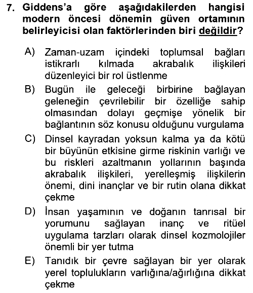 Sosyolojide Yakın Dönem Gelişmeler 2018-2019 Yaz Okulu Sınavı - 7. soru