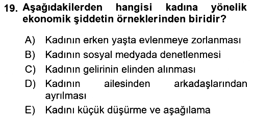 Toplumsal Cinsiyet Çalışmaları 2018-2019 3 Ders Sınavı - 19. soru