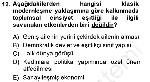 Toplumsal Cinsiyet Çalışmaları 2014-2015 Ara Sınav - 12. soru