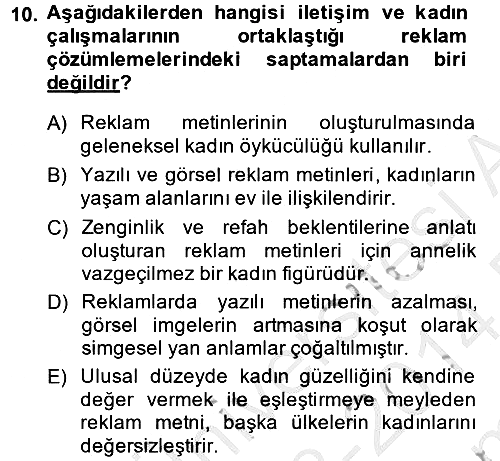 Toplumsal Cinsiyet Çalışmaları 2013-2014 Dönem Sonu Sınavı - 10. soru