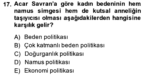 Toplumsal Cinsiyet Çalışmaları 2013-2014 Dönem Sonu Sınavı - 17. soru