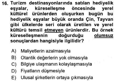 Turizm Sosyolojisi 2016-2017 Dönem Sonu Sınavı - 16. soru
